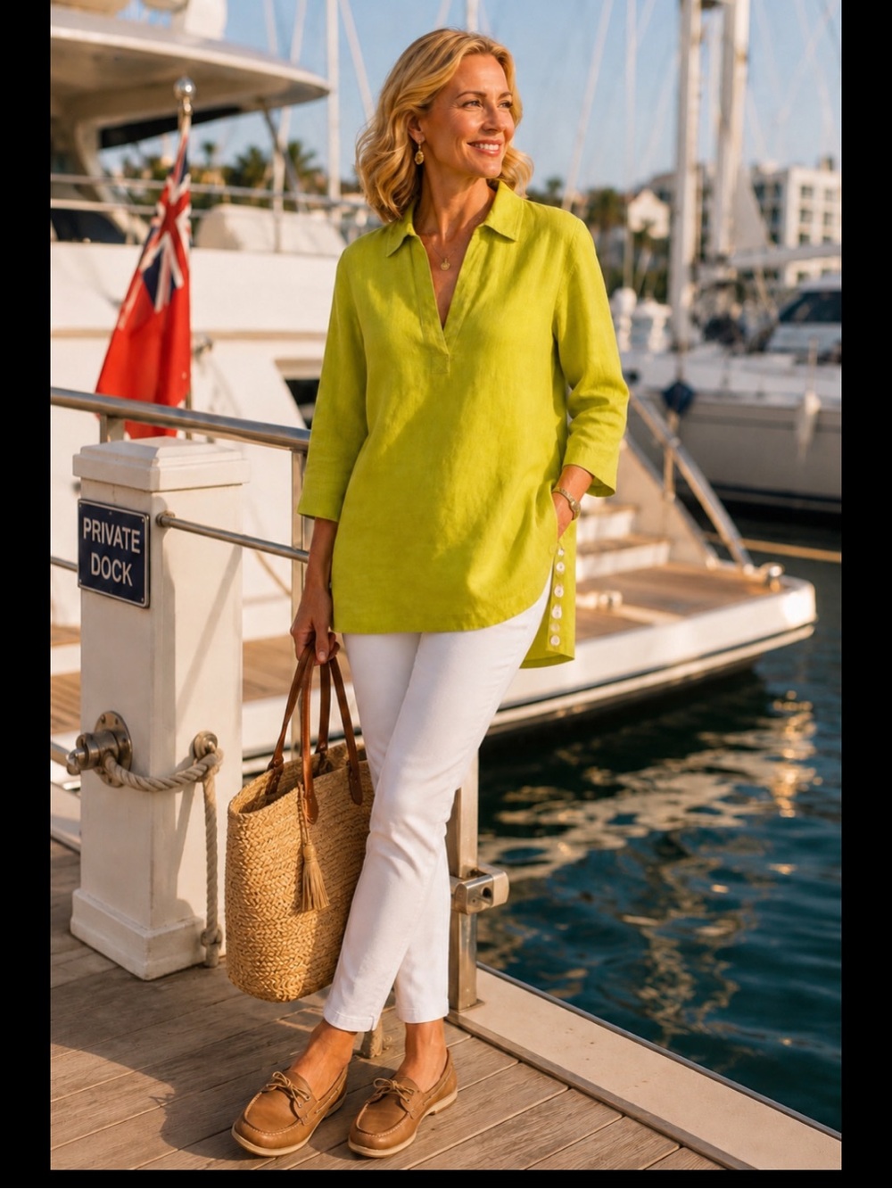 Tahari 100% Linen Lime Green Tunic Blouse 1X Mother-of-Pearl Side Slit Buttons - Picture 10 of 16